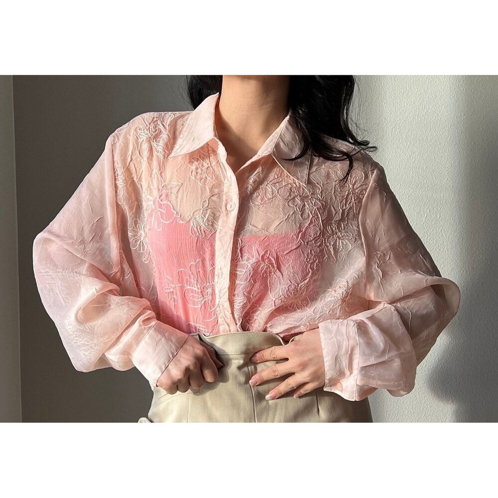 vtg 90s Alfred Dunner‎ Sheer Blouse Womens Size 12W floral peach shirt USA Made - Picture 6 of 9